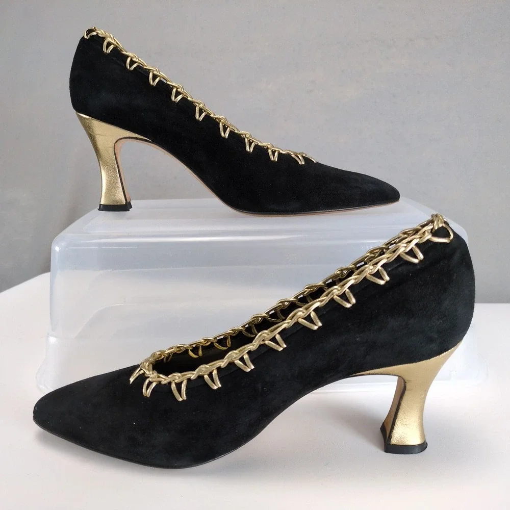 Vintage Bally Chiffon Black Suede Pumps Womens 8 Gold Trim 3